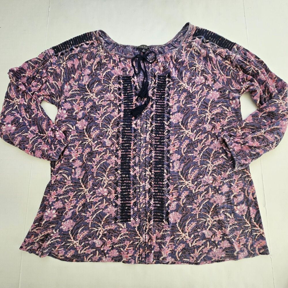 Lucky Brand Top Womens Medium Purple Blue Pullover Tassel Tie Embroidered Boho